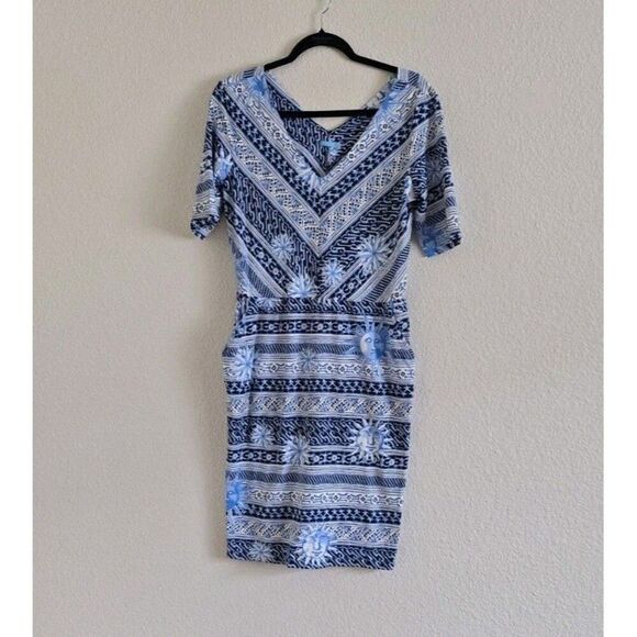 J.McLaughlin Blue Print Catalina Cloth Harbor Dress Size L Nautical  V-neck - Picture 1 of 6